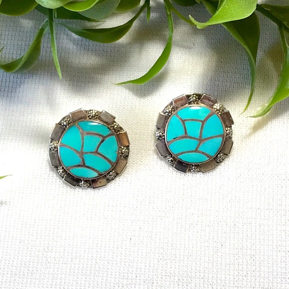 🌵Rare Vintage Zuni Chaido Earrings Inlaid Turquoise🌵 - Picture 2 of 6